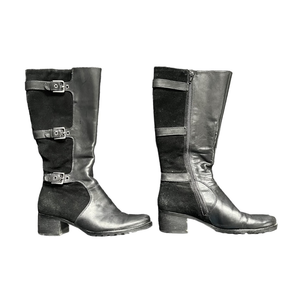 Ecco Chunky Heel Knee High Zip Up Suede Leather Belt Strapped Riding Boots 40